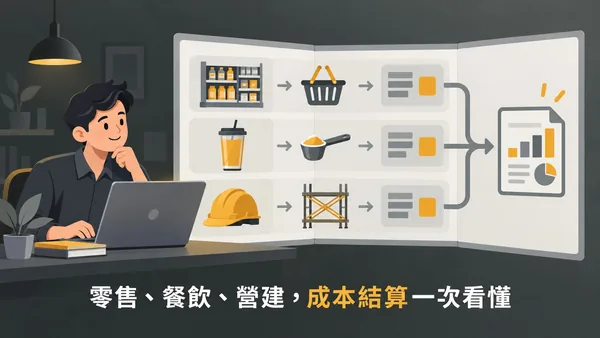 成本會計課程封面：友善的上班族在筆電前思考，旁邊是零售、餐飲、營建三條成本流程軌道，最後匯到同一份報表，標語為零售、餐飲、營建，成本結算一次看懂