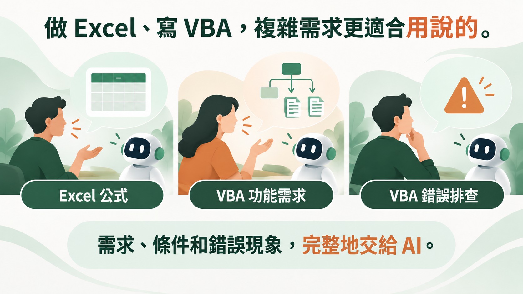 做 Excel、寫 VBA 時，Excel 公式、VBA 功能需求、VBA 錯誤排查三種情境，都可以用說的把需求、條件和錯誤現象完整交給 AI