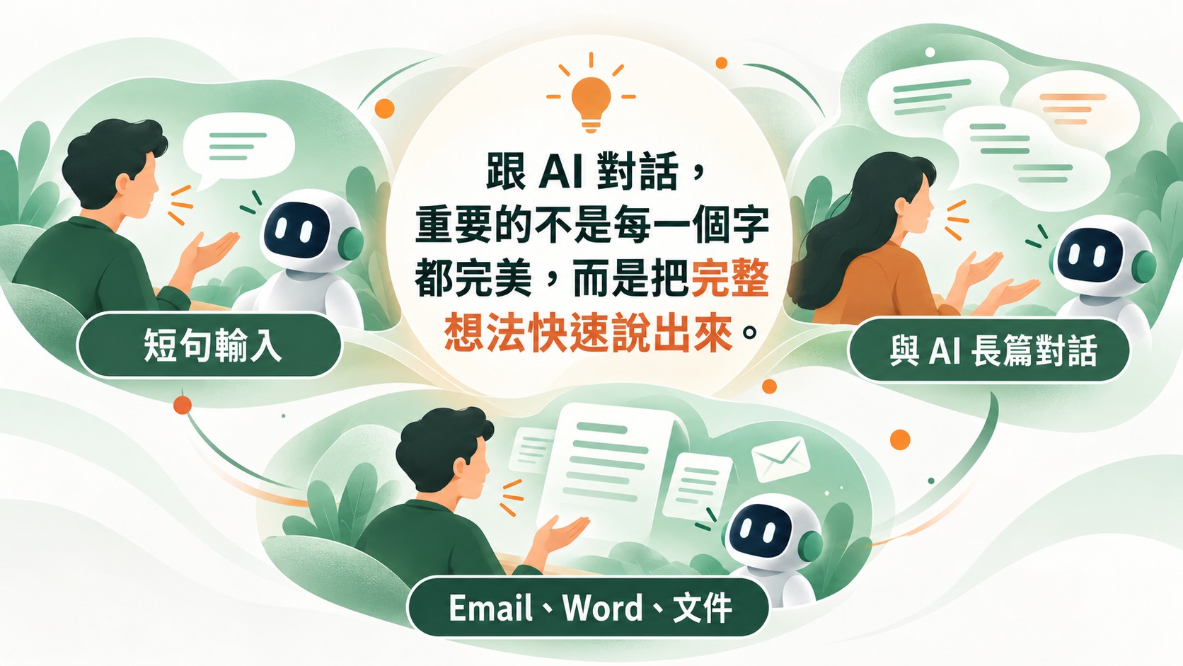 跟 AI 對話，重要的不是每一個字都完美，而是把完整想法快速說出來；短句輸入、與 AI 長篇對話、Email、Word、文件三種情境