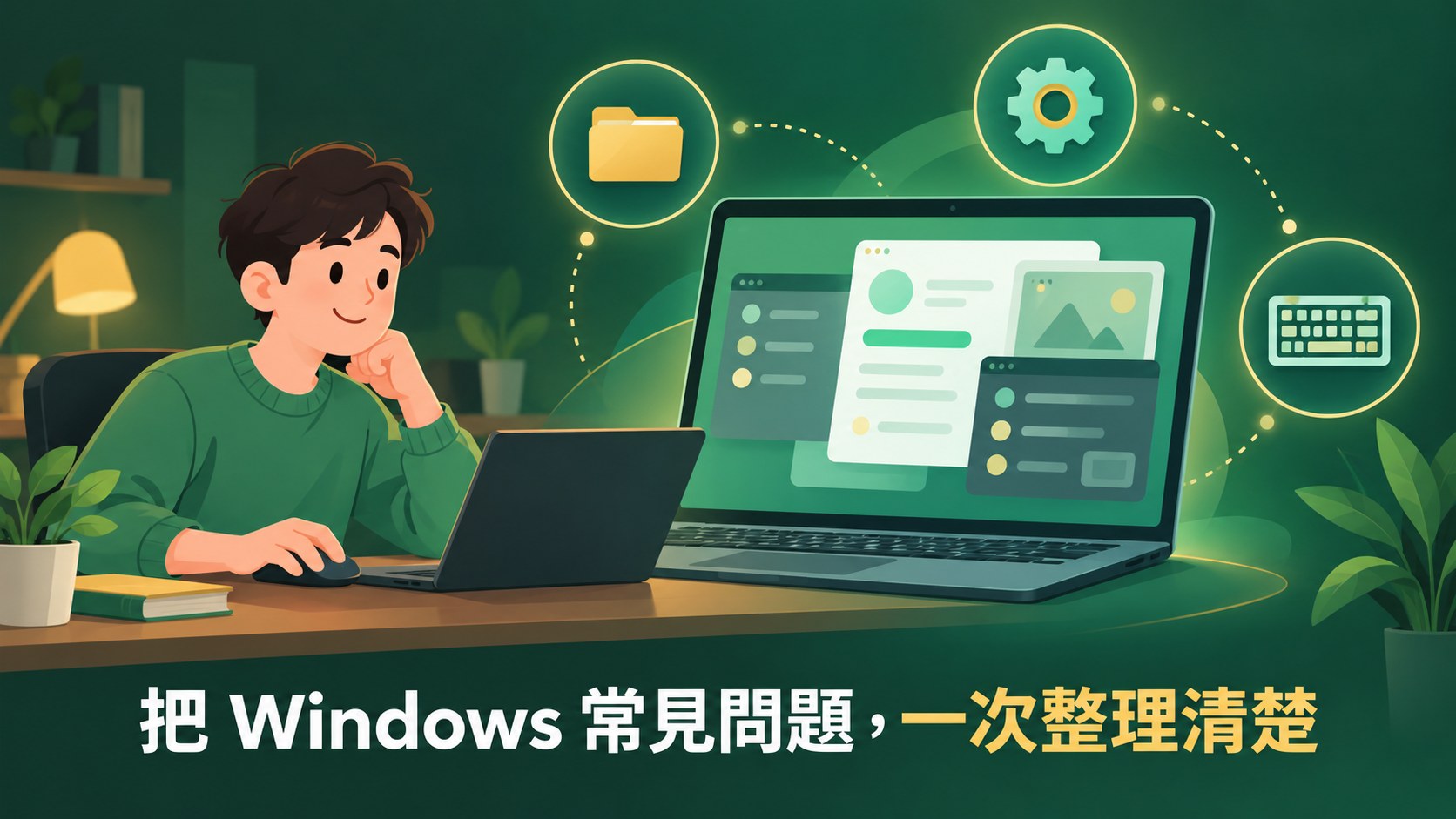Windows 大全集課程封面:友善的人物在筆電前學習,周圍有資料夾、齒輪與鍵盤圖示,標語為把 Windows 常見問題,一次整理清楚