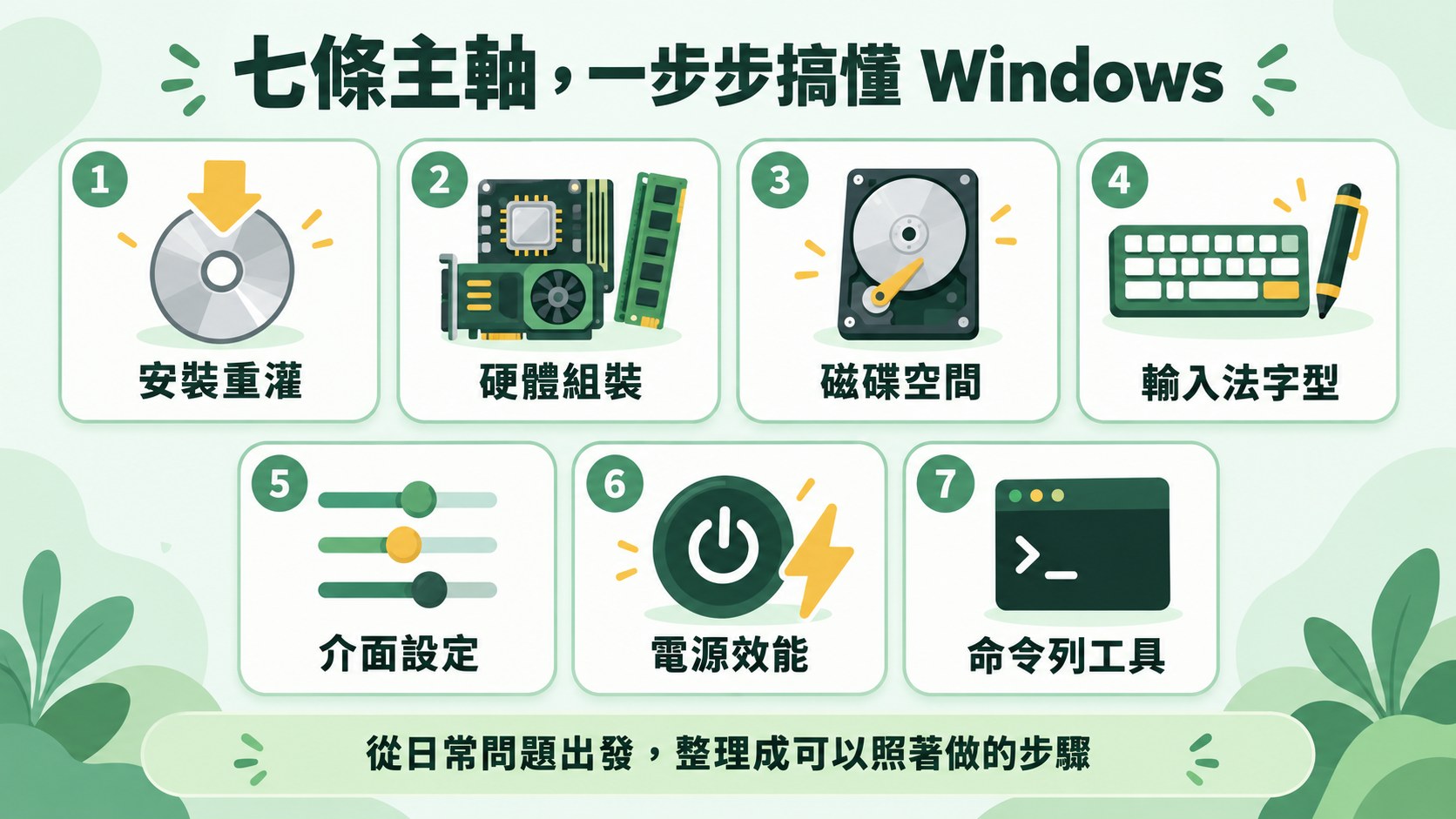 Windows 七條學習主軸:安裝重灌、硬體組裝、磁碟空間、輸入法字型、介面設定、電源效能、命令列工具,從日常問題出發,整理成可以照著做的步驟