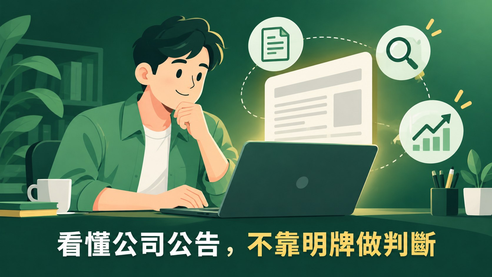 股票投資大全集課程封面：友善的人物在筆電前閱讀公司公告，周圍有文件、放大鏡與折線圖圖示，標語為看懂公司公告，不靠明牌做判斷