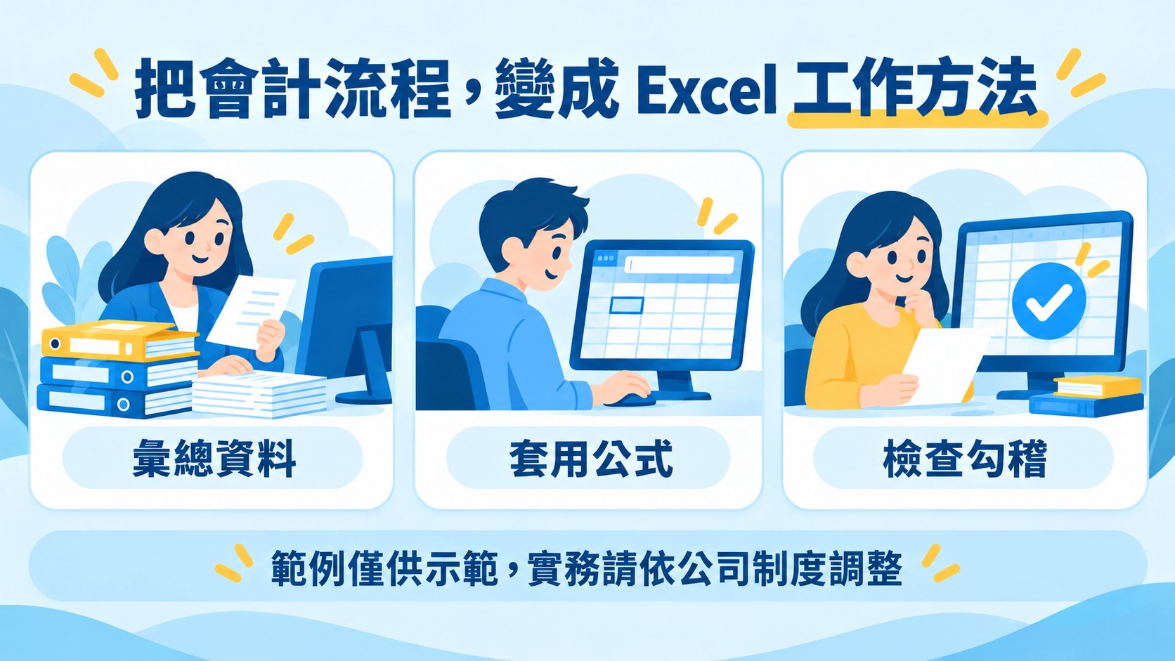把會計流程變成 Excel 工作方法:彙總資料、套用公式、檢查勾稽三個情境;範例僅供示範,實務請依公司制度調整