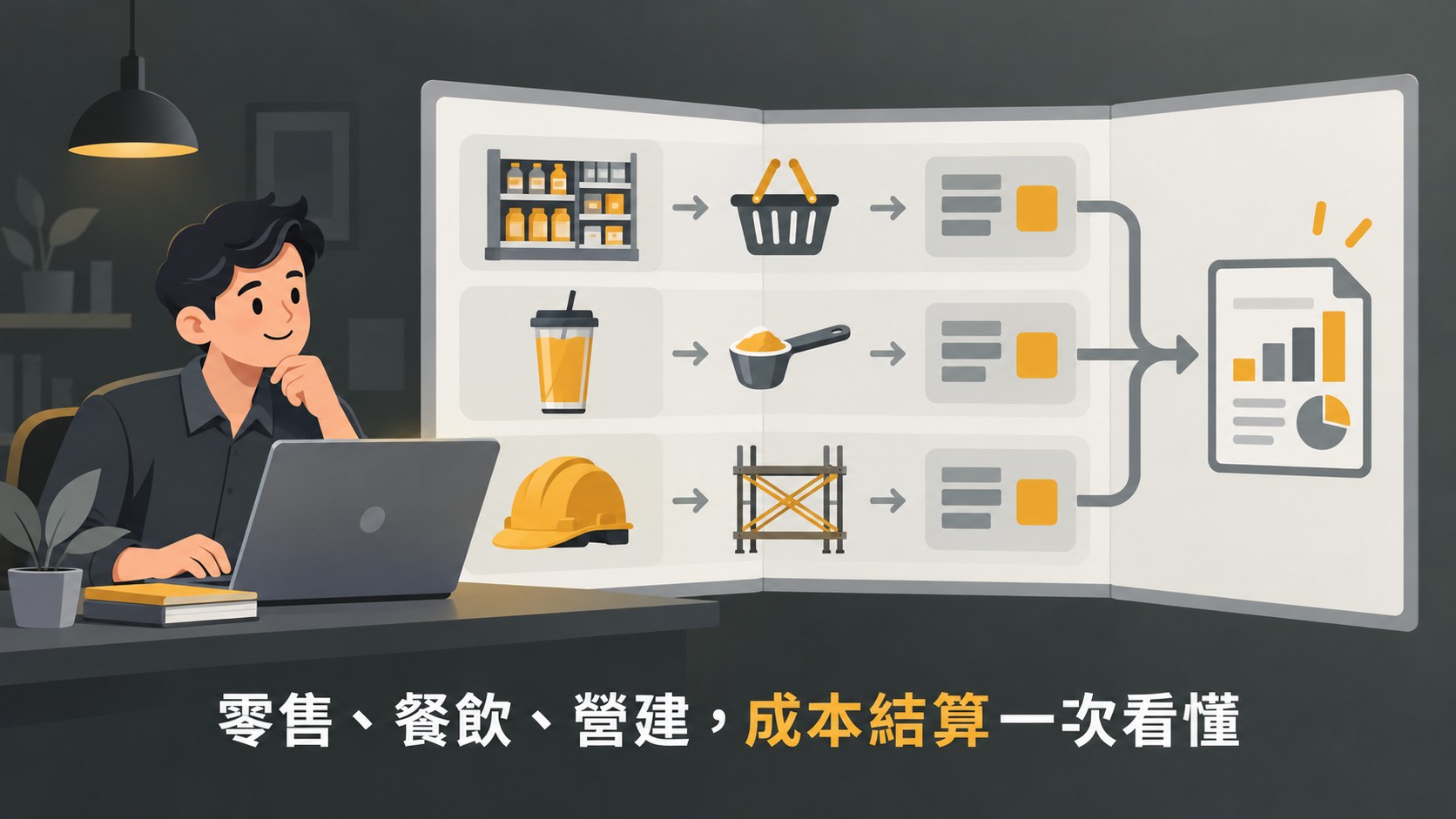 成本會計課程封面：友善的上班族在筆電前思考，旁邊是零售、餐飲、營建三條成本流程軌道，最後匯到同一份報表，標語為零售、餐飲、營建，成本結算一次看懂