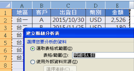 直接拉A到E欄位：「明細!$A:$E」