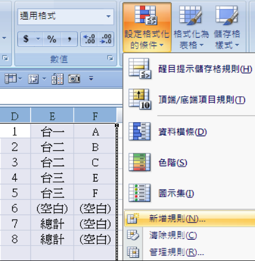 在「常用、「樣式」的功能群組，拉下「設定格式化的條件」