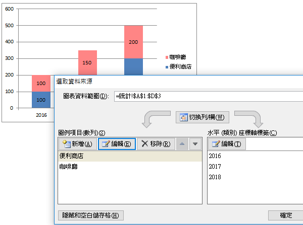 回到「選取資料來源」視窗中的「圖例項目(數列)」