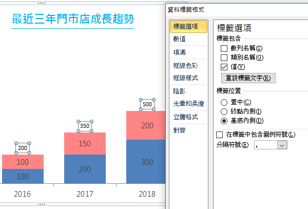 將「標籤位置」設定為「基底內側」