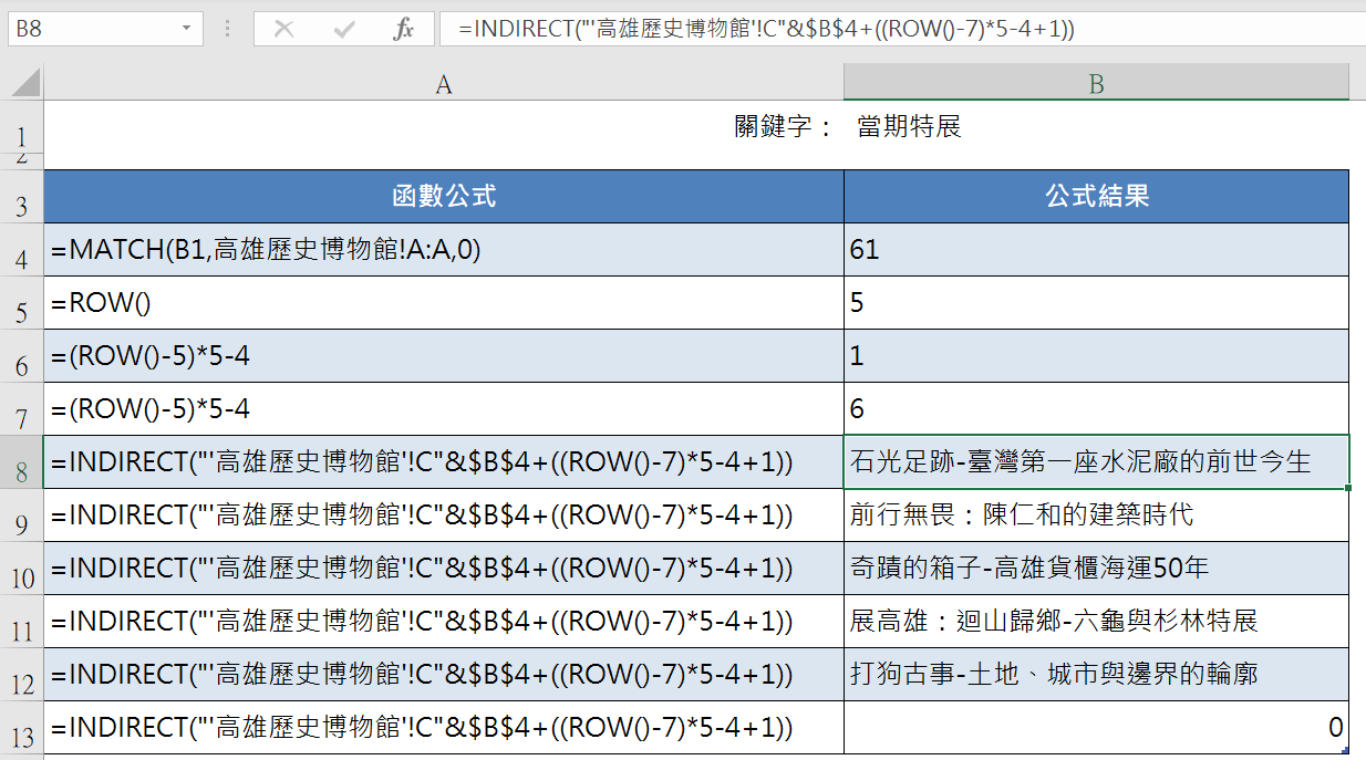 =MATCH(B1,高雄歷史博物館!A:A,0)