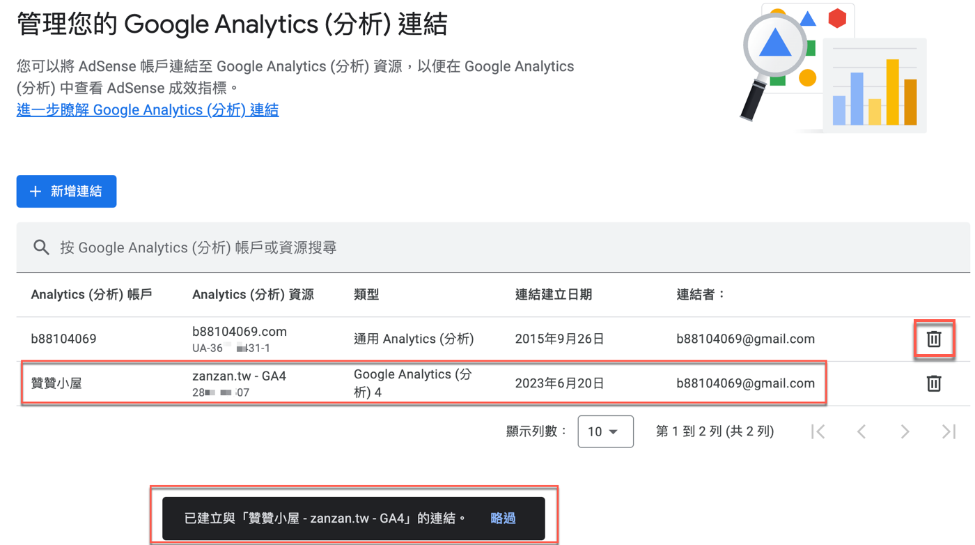 GA4資料串流：在Adsense建立Analytics連結