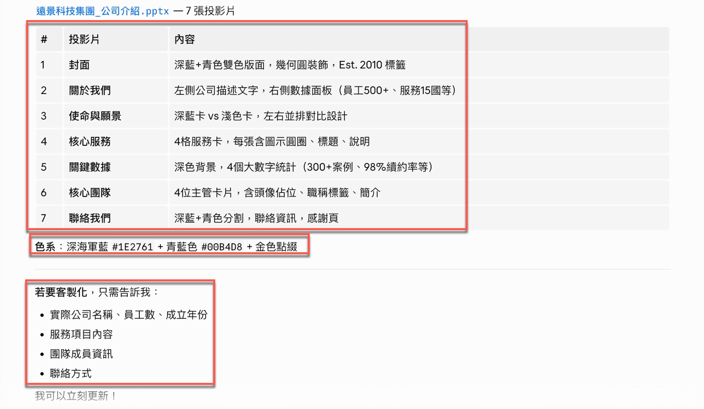 五、免費AI生成簡報實測：執行過程與完整投影片規格2