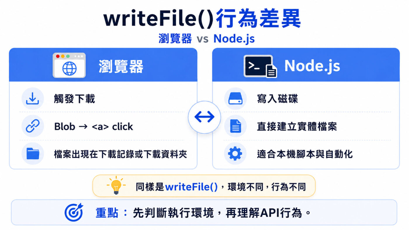 三、writeFile() 在瀏覽器與 Node.js 的差異2