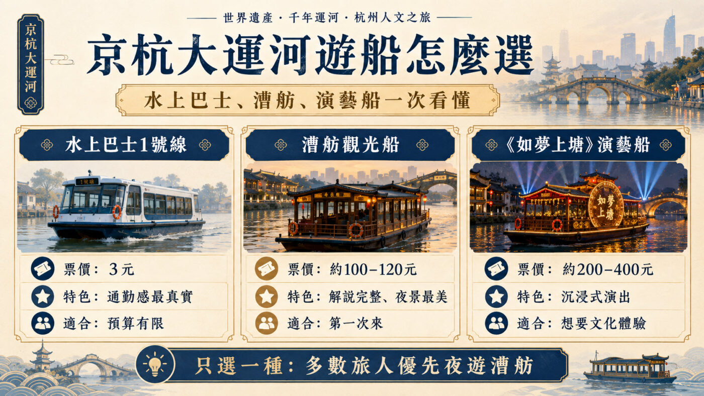 三、京杭大運河遊船：水上巴士、漕舫、演藝船怎麼選1