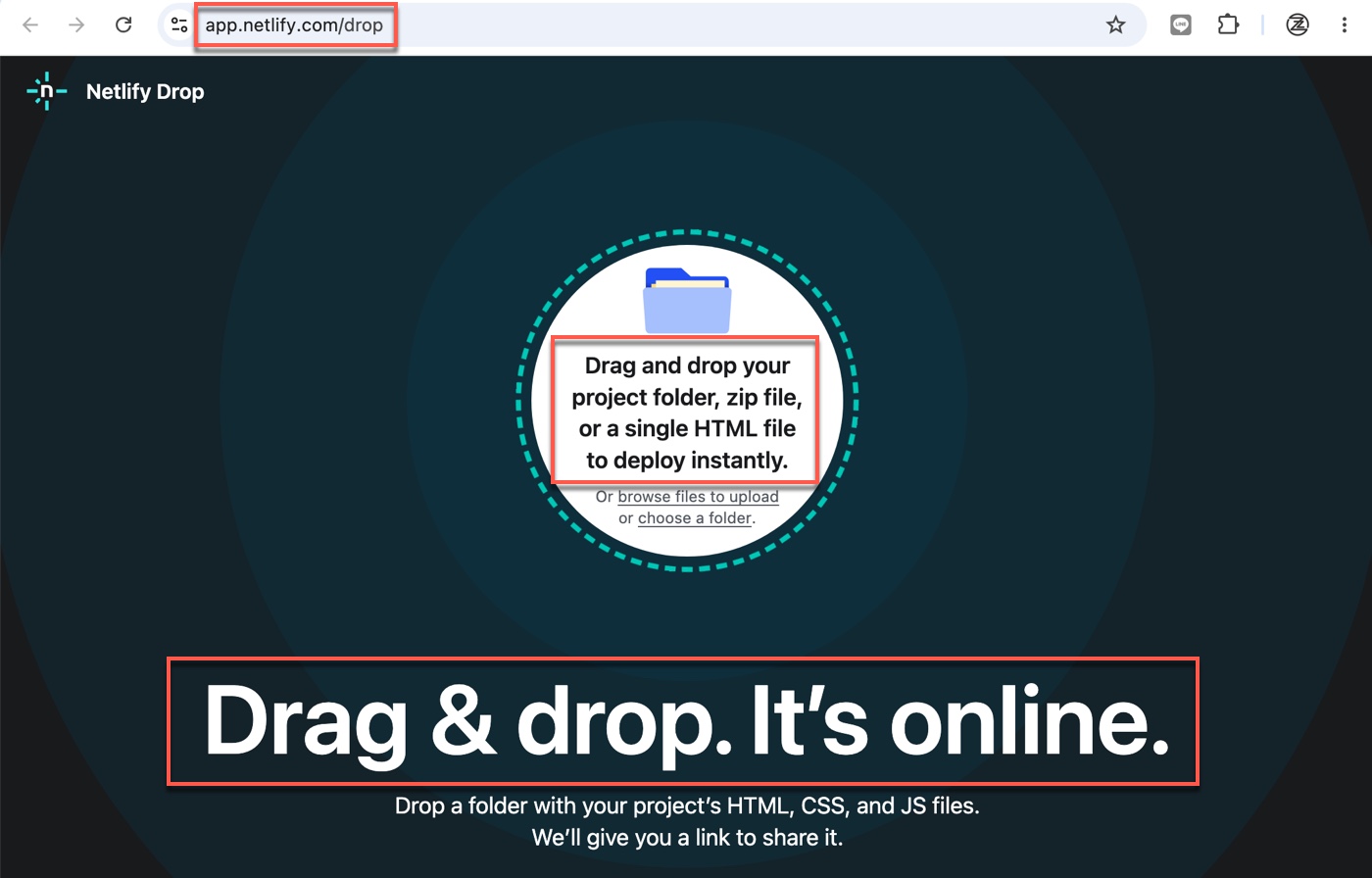 五、Netlify Drop 拖放部署：把 HTML 拖進瀏覽器1