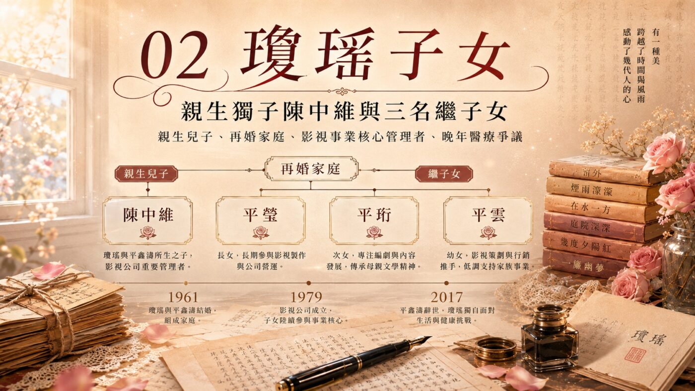 二、瓊瑤子女：親生獨子陳中維與三名繼子女