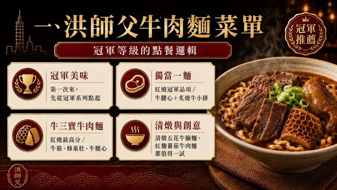 一、洪師父牛肉麵菜單：冠軍等級的點餐邏輯