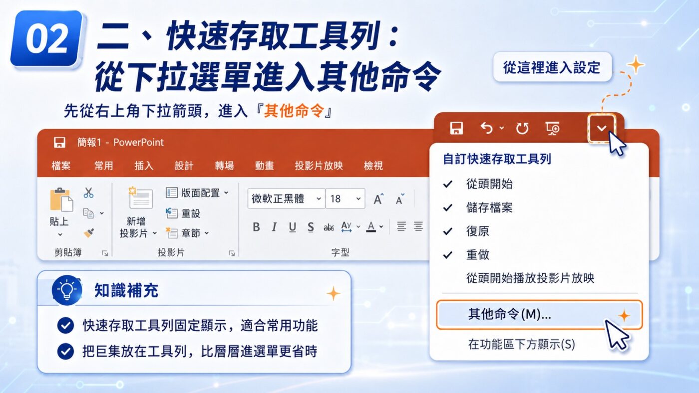 二、快速存取工具列：從下拉選單進入其他命令2