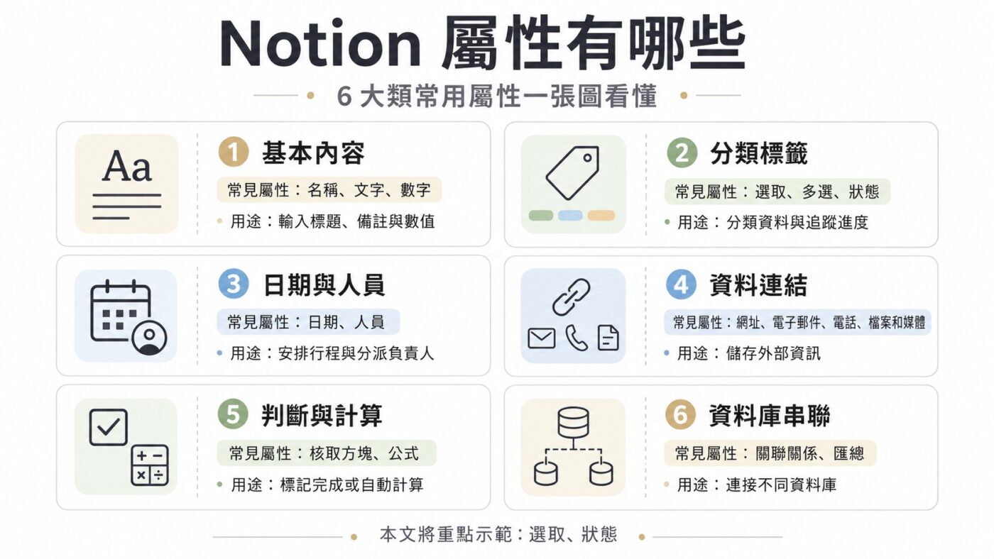 一、Notion 屬性有哪些：6 大類一圖看懂1