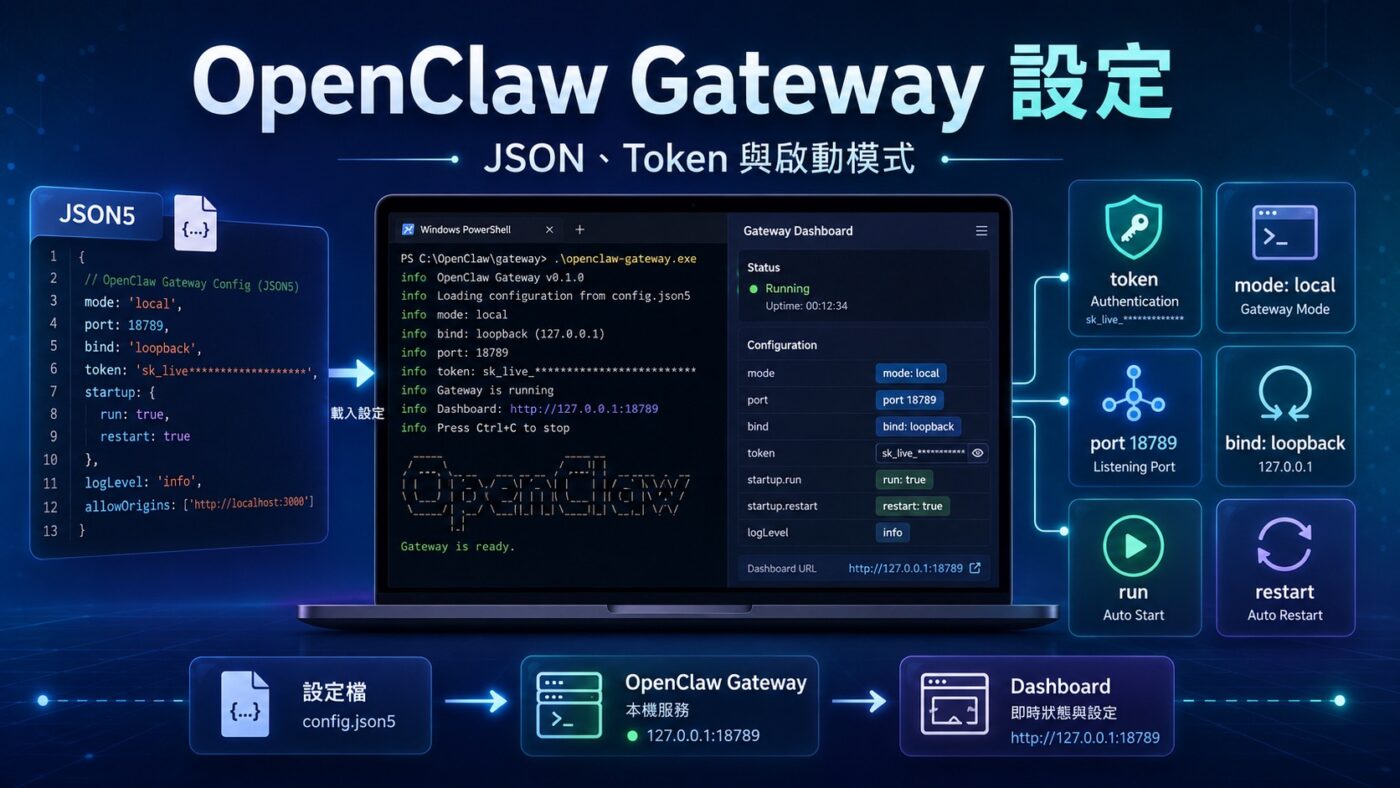 OpenClaw Gateway 設定：JSON、Token 與啟動模式