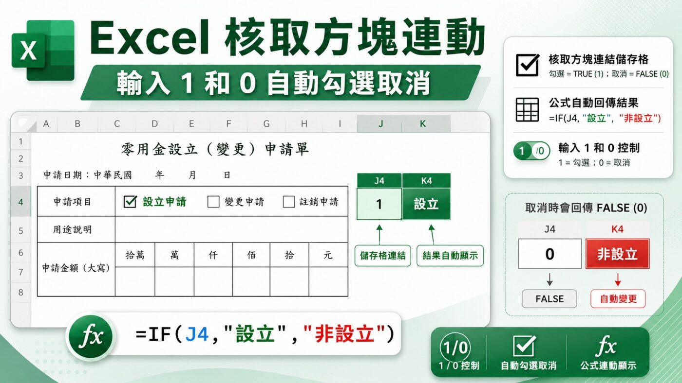 Excel 核取方塊連動：輸入 1 和 0 自動勾選取消