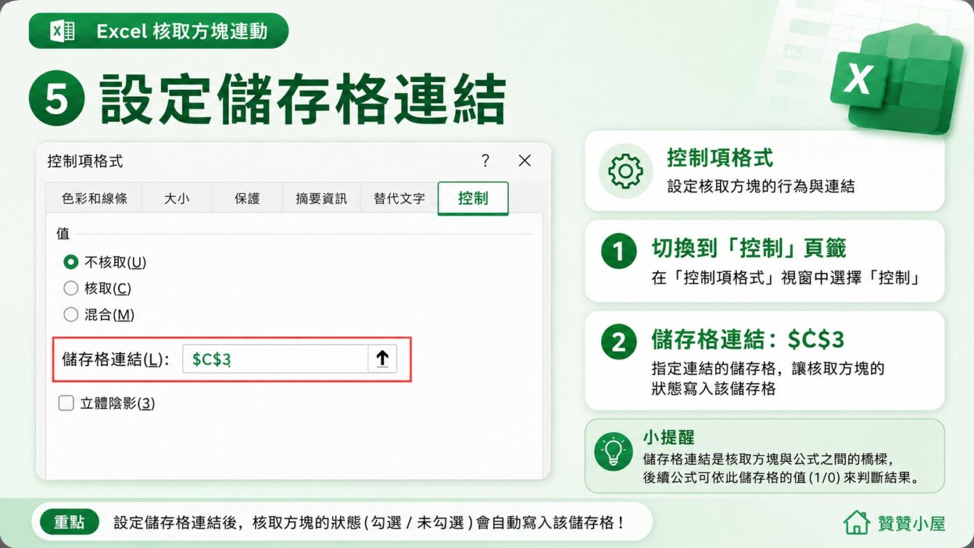 五、核取方塊控制項格式：設定儲存格連結 2