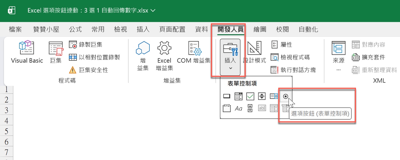 Excel 選項按鈕設定：插入表單控制項