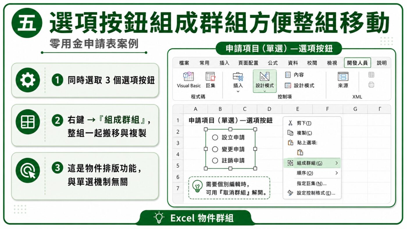選項按鈕組成群組方便整組移動