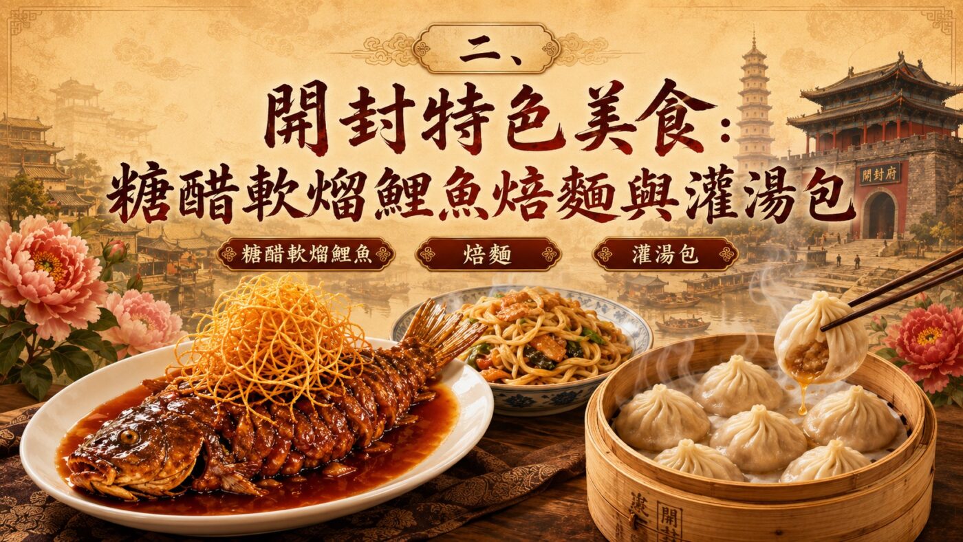 二、開封特色美食：糖醋軟熘鯉魚焙麵與灌湯包