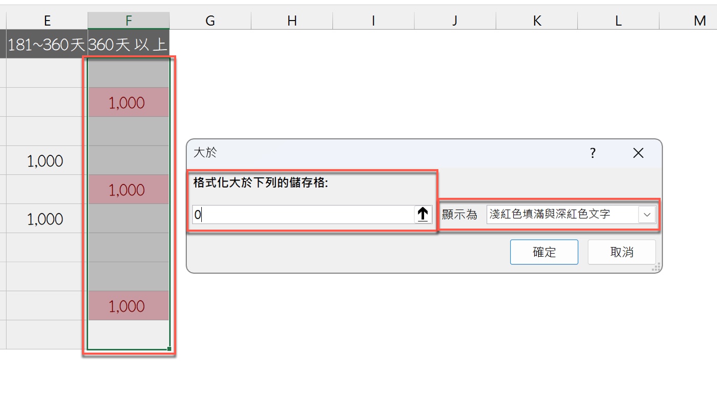 三、設定大於 0 的標色條件