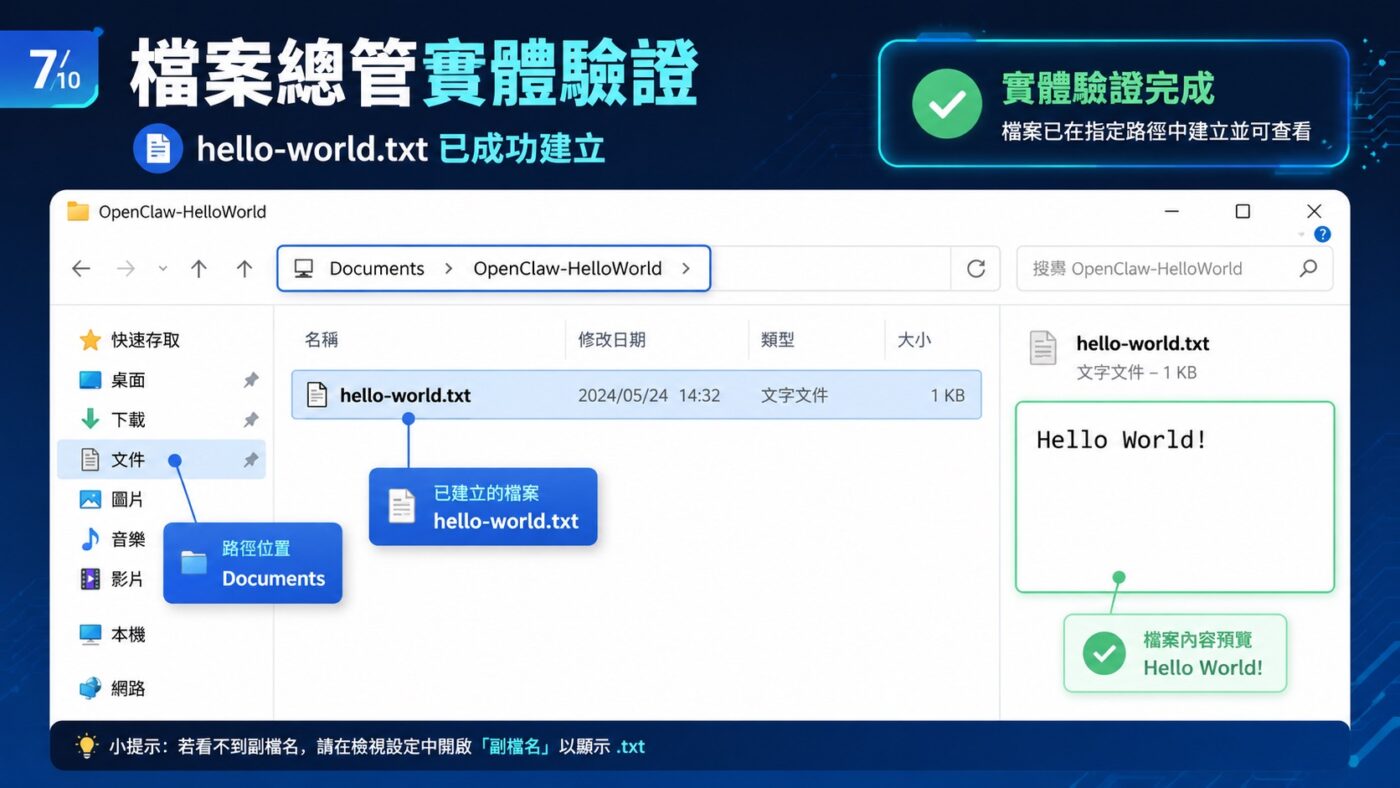 七、用檔案總管確認 hello-world.txt 已建立 2