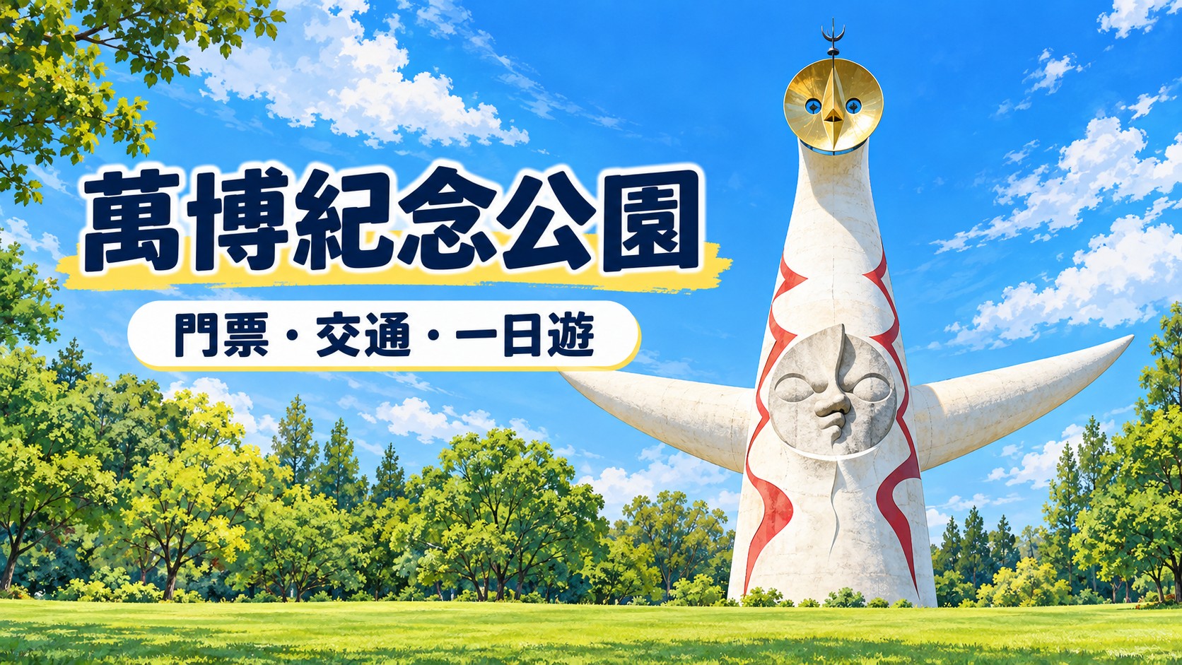 萬博紀念公園特色圖：藍天綠地中的太陽之塔插畫，標題為「萬博紀念公園」與「門票・交通・一日遊」