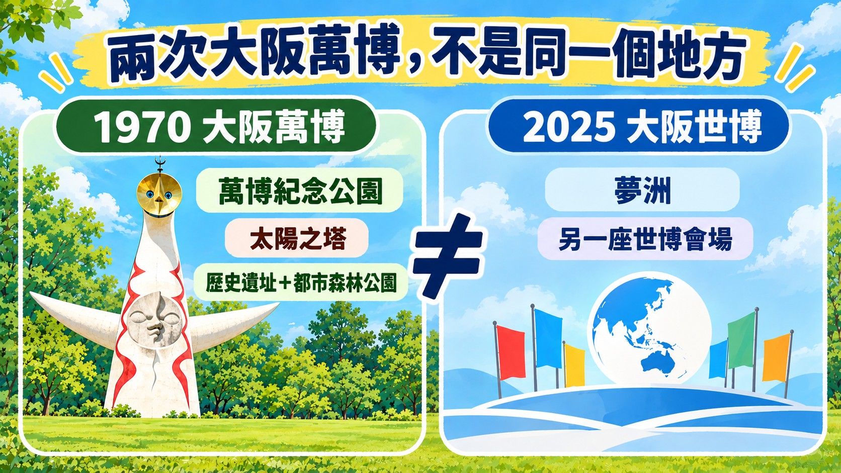 知識比較卡：萬博紀念公園是 1970 年大阪萬博舊址，與 2025 年夢洲世博會場不是同一個地方