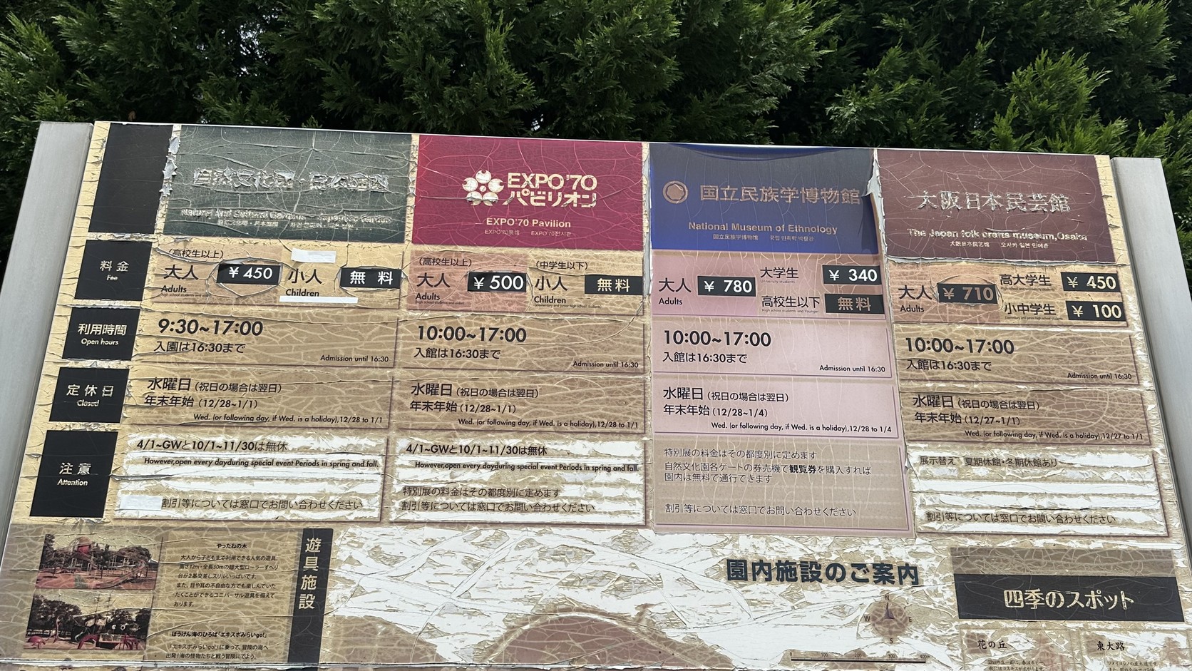 自然文化園入場資訊看板，標示自然文化園與日本庭園成人 450 日圓、各館入場費與開放時間