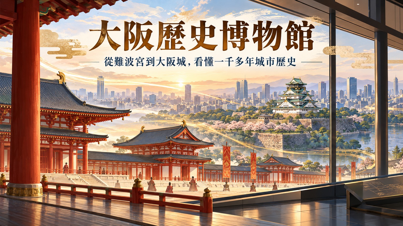 大阪歷史博物館特色圖：從難波宮到大阪城的千年城市時間軸插畫