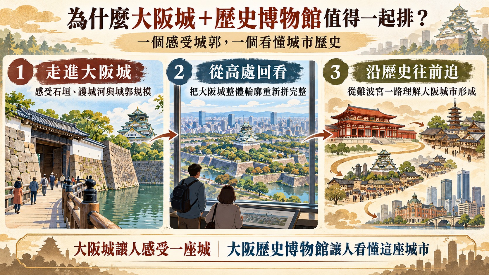 大阪城與大阪歷史博物館一起排的三個理由知識卡：走進大阪城、從高處回看、沿歷史往前追