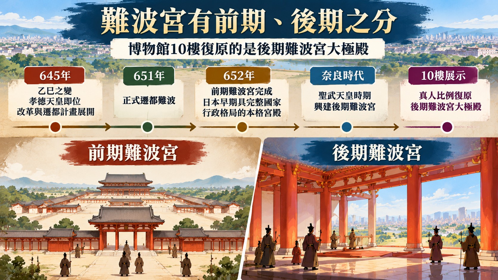難波宮前期與後期時間線知識卡：645年乙巳之變至10樓復原後期難波宮大極殿