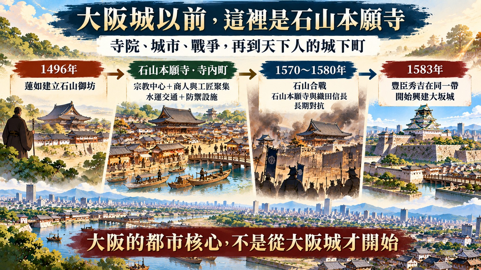 石山本願寺到大坂城時間線知識卡：1496年建立石山御坊至1583年豐臣秀吉築城