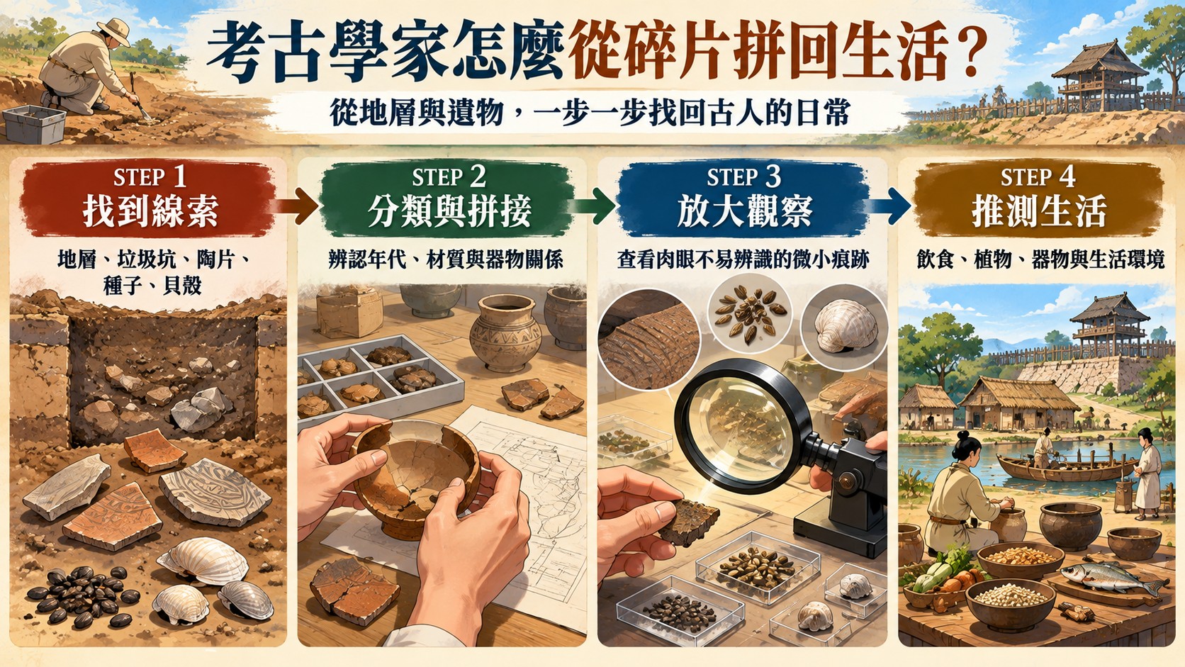 考古學家從碎片拼回生活四步驟知識卡：找線索、分類拼接、放大觀察、推測生活