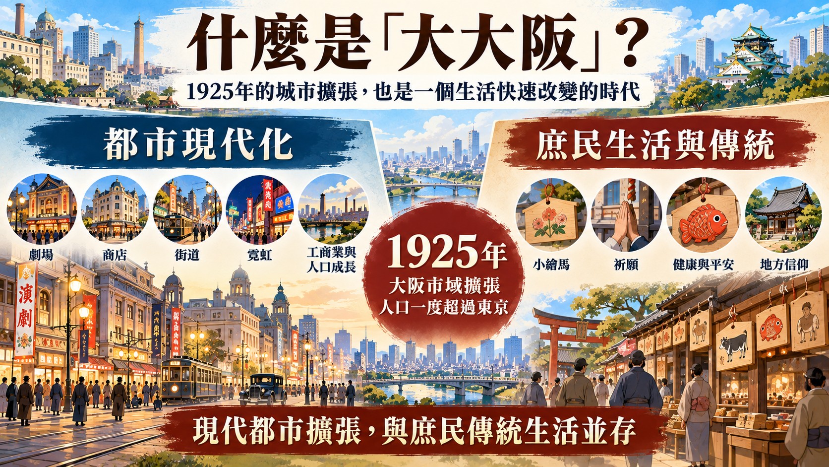 大大阪雙軸對照知識卡：1925年市域擴張的都市現代化與庶民生活傳統