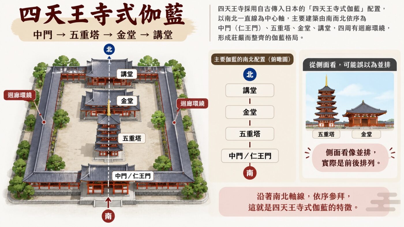 二、四天王寺式伽藍怎麼看？中門、五重塔、金堂與講堂排成一直線9