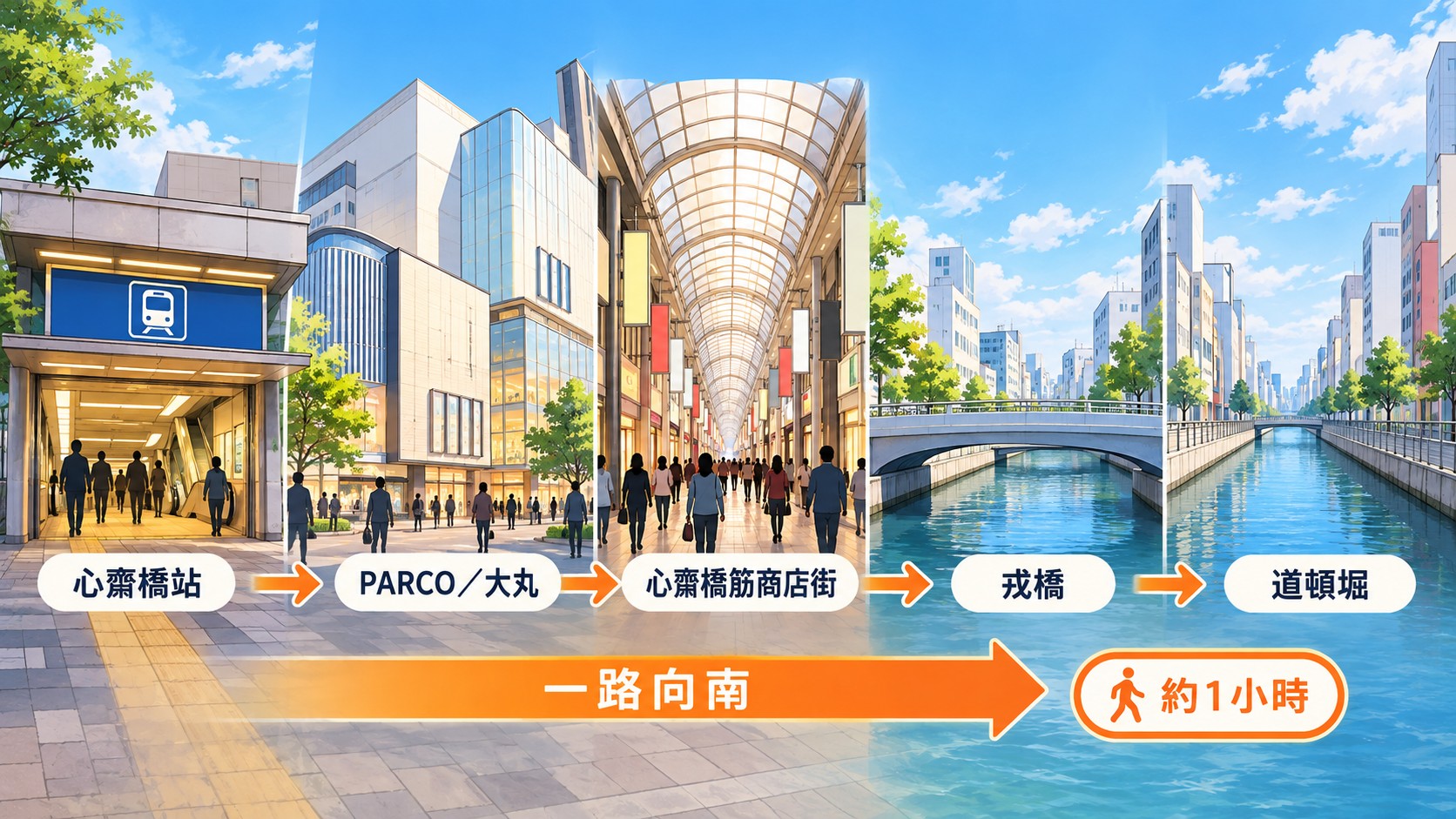 心齋橋購物散步路線概念圖：從心齋橋站經PARCO、大丸與心齋橋筋商店街，一路向南走到戎橋與道頓堀