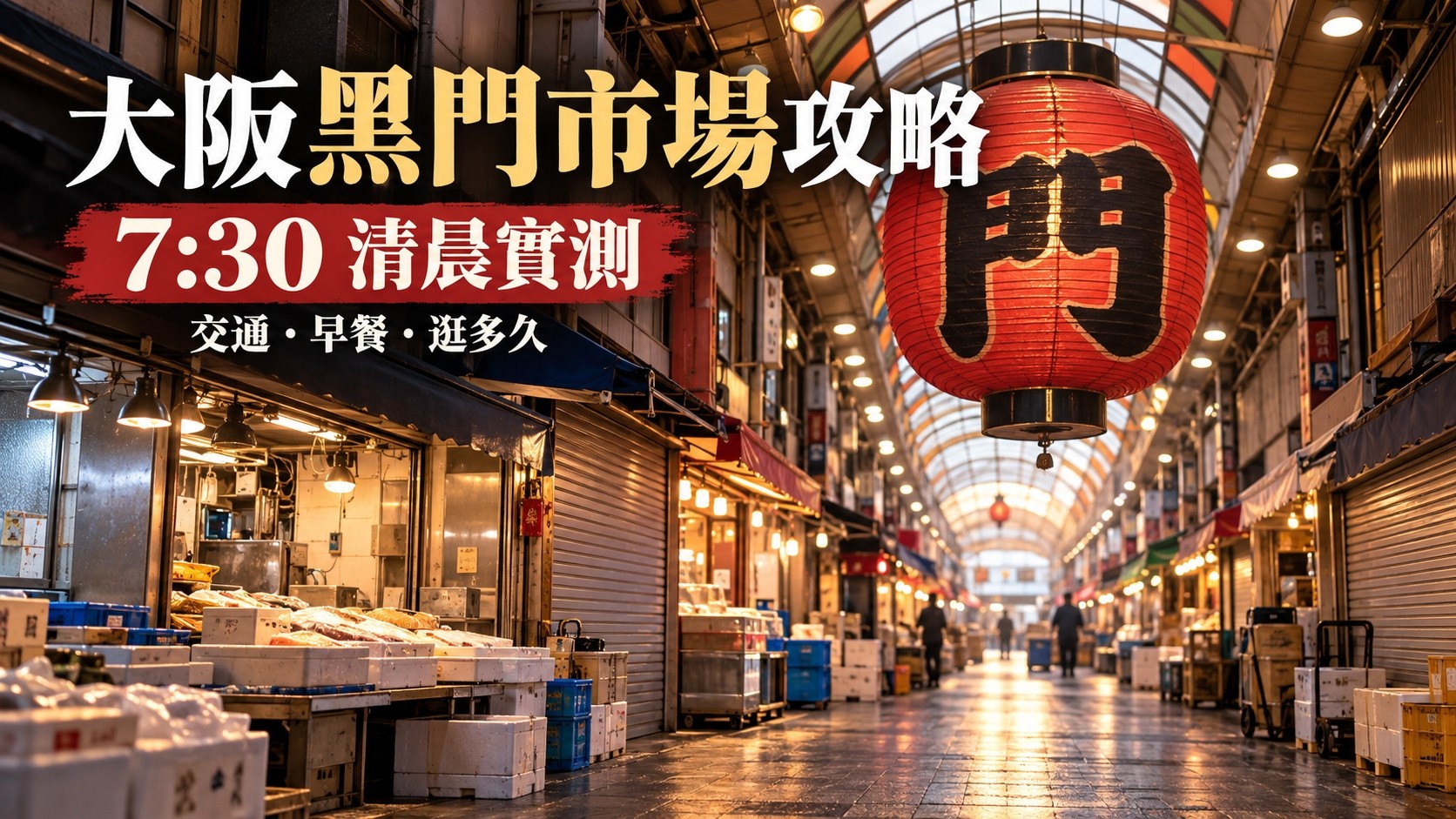 大阪黑門市場攻略：清晨有頂拱廊與紅色「門」字大燈籠，市場正在準備開門