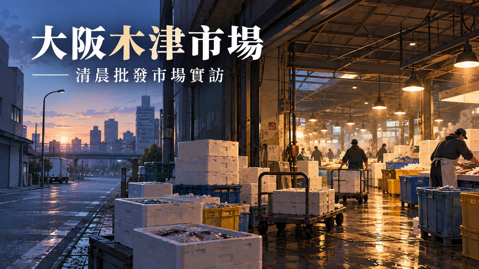 大阪木津市場清晨插畫：左側街道仍安靜，右側批發市場已有推車與保麗龍箱在備貨