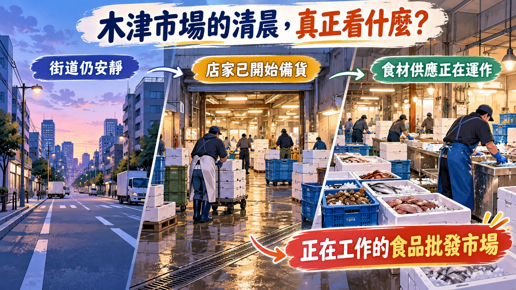 旅遊亮點整理卡：木津市場的清晨，從街道仍安靜，到店家已開始備貨，再到食材供應正在運作