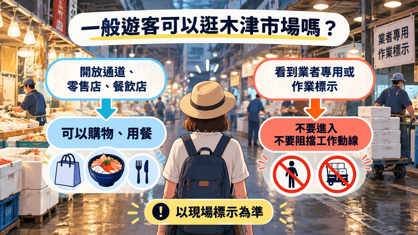 判斷卡：一般遊客可以逛木津市場嗎，開放通道、零售店、餐飲店可以購物與用餐，看到業者專用或作業標示就不要進入，也不要阻擋工作動線