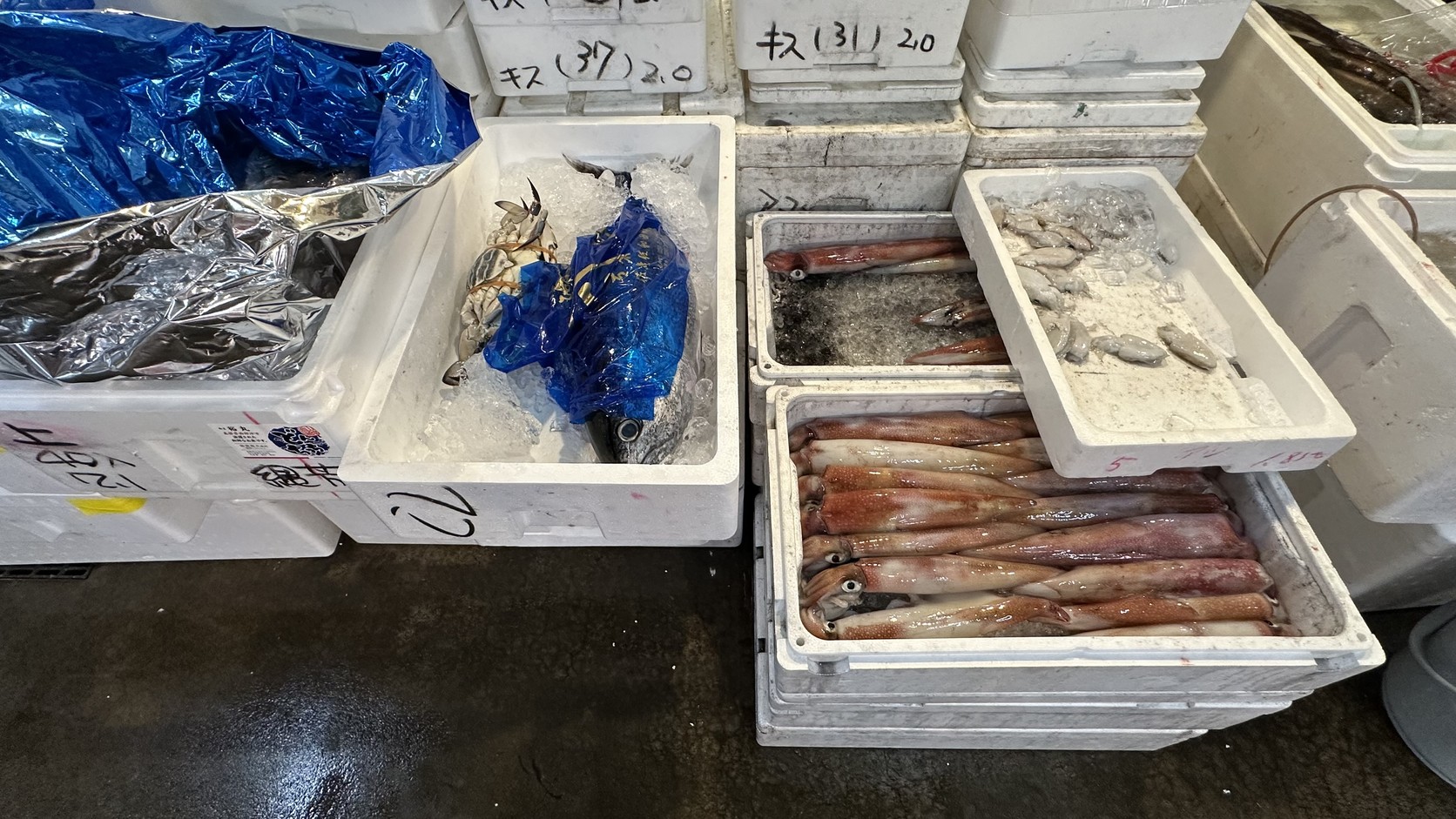 保麗龍箱裡鋪著冰塊的花枝、螃蟹與魚貨
