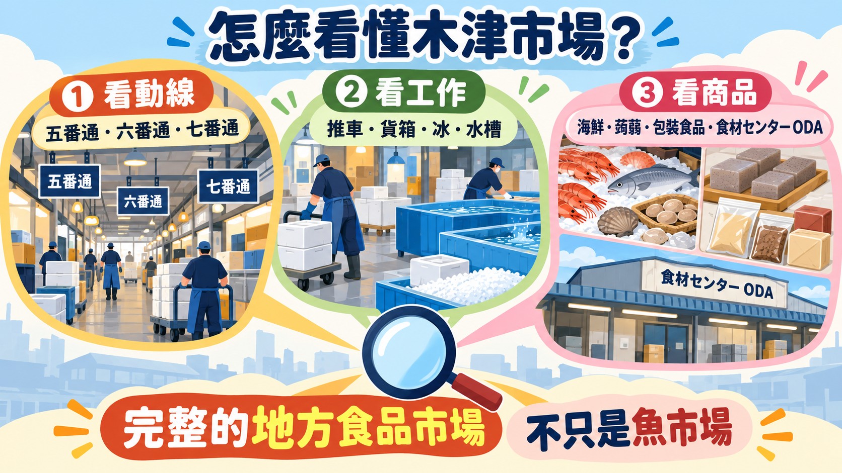 旅遊亮點整理卡：怎麼看懂木津市場，從看動線、看工作、看商品三個角度，理解它是完整的地方食品市場，不只是魚市場