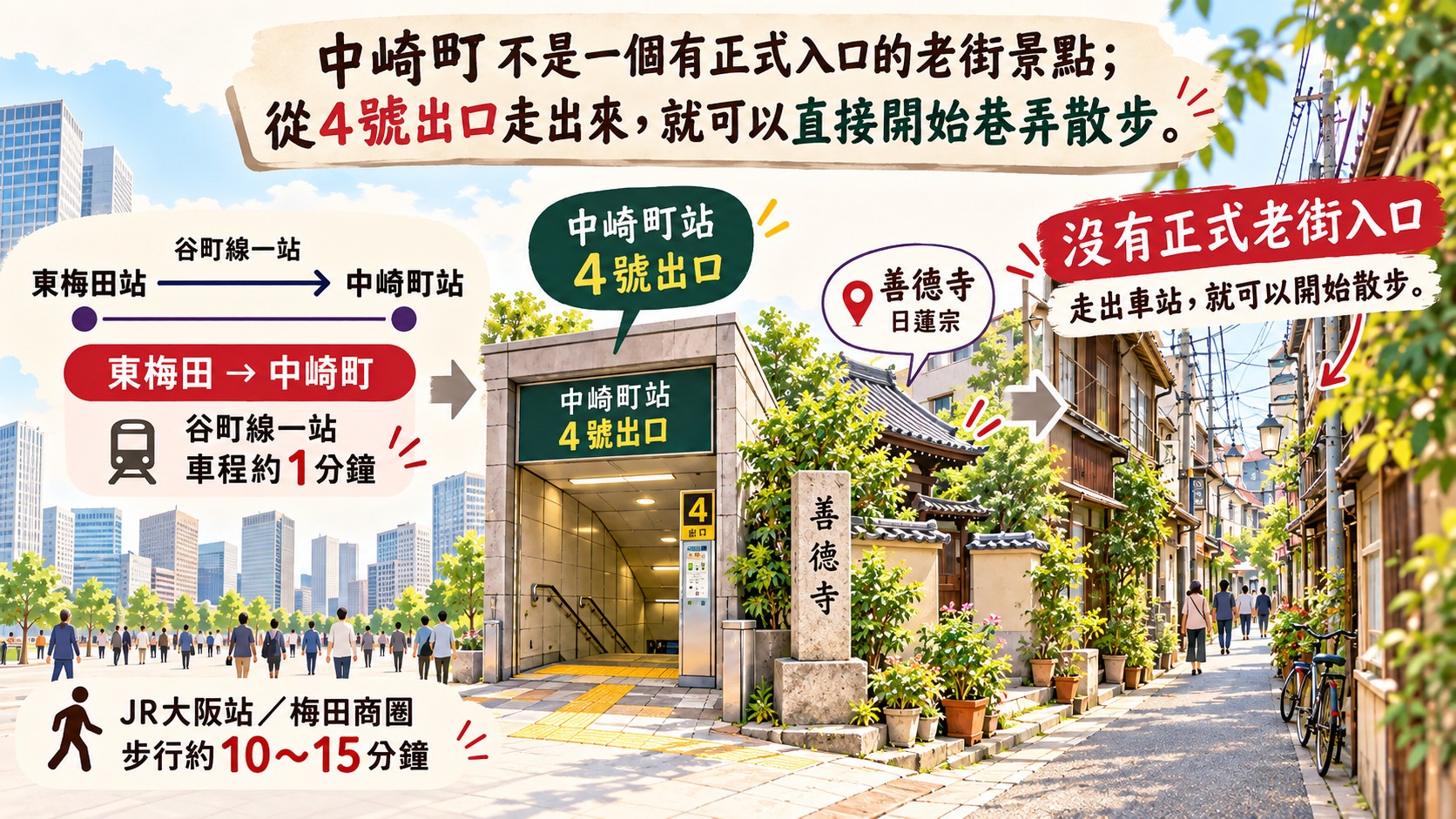 中崎町怎麼去節點卡：東梅田搭谷町線一站，從4號出口出站後沒有正式老街入口，直接開始巷弄散步