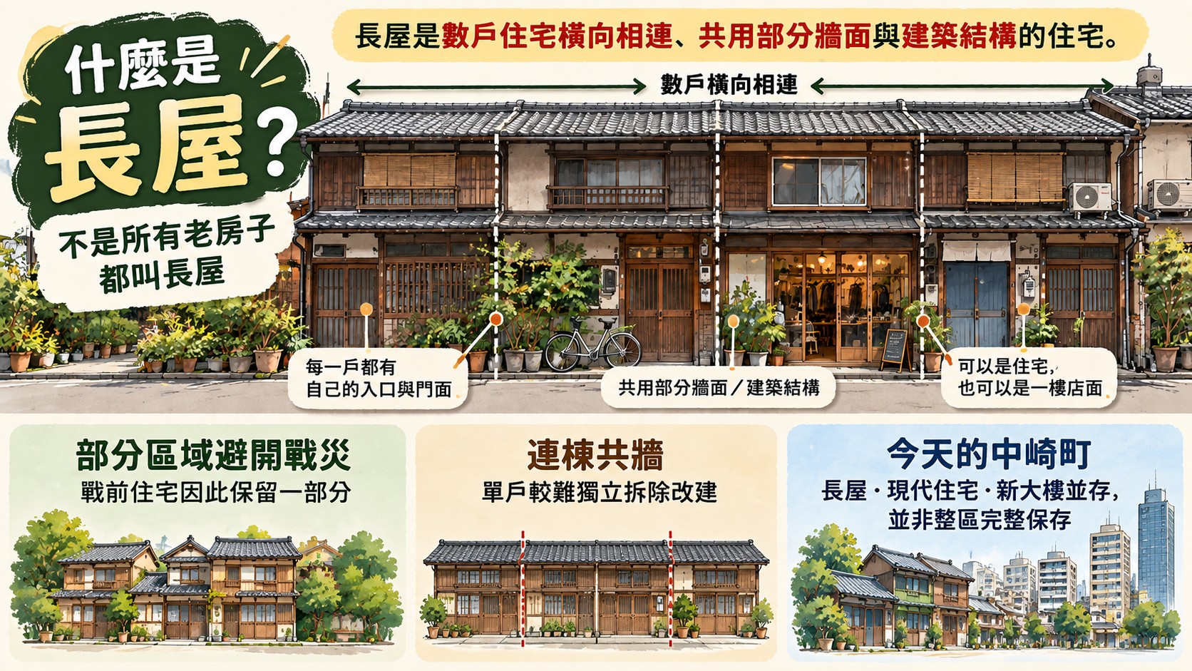 長屋知識節點卡：數戶橫向相連、共用部分牆面與建築結構的住宅