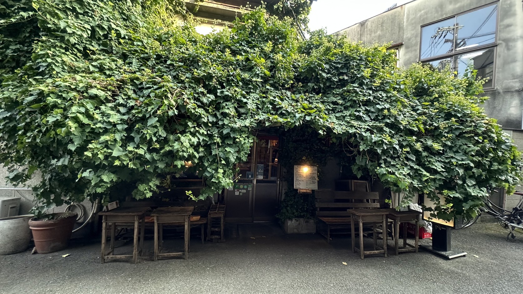 被藤蔓覆蓋的 Salon de AManTo 入口與門前木桌